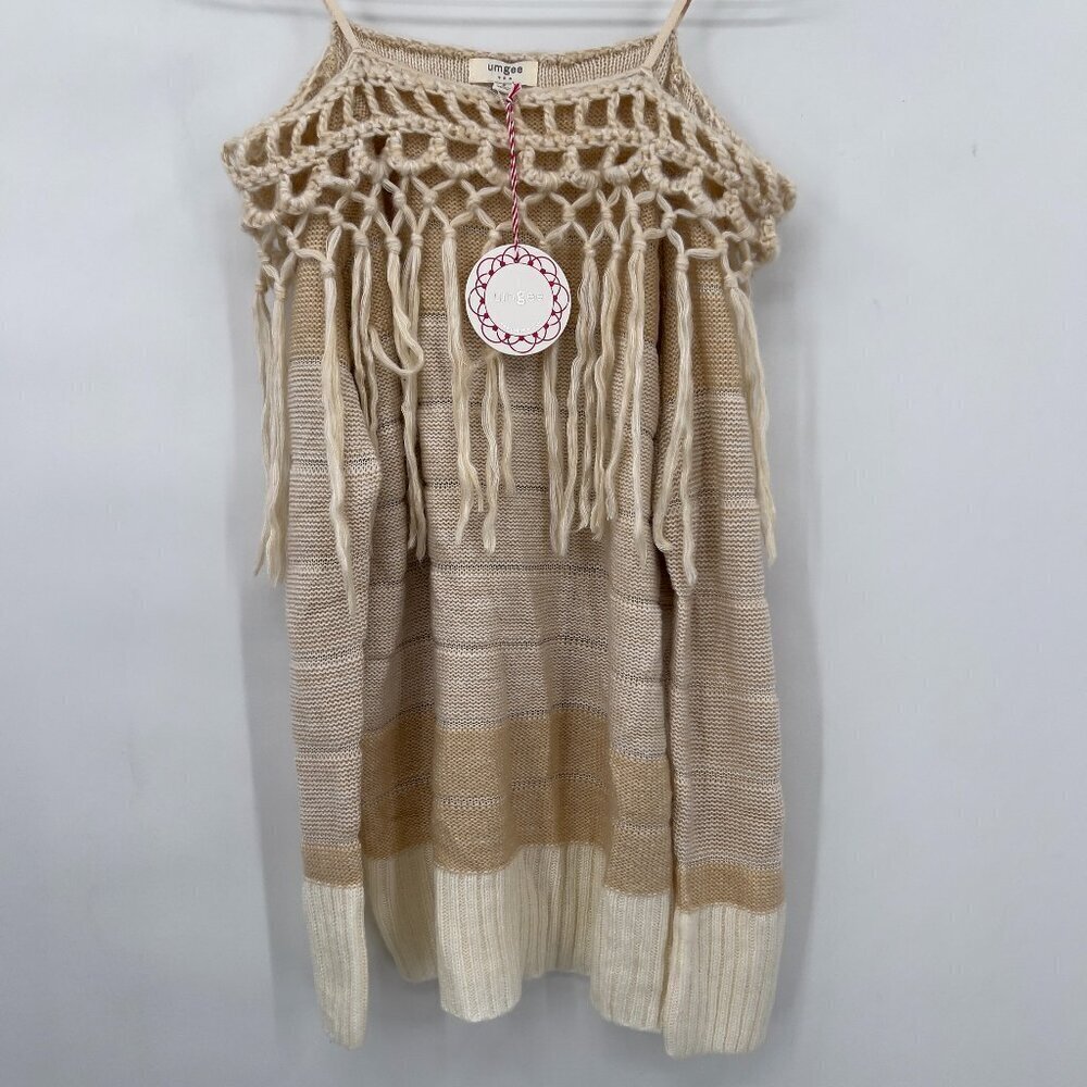 Umgee USA Off-Shoulder Fringe Knit Sweater Cottagecore Beige Cream Boho S